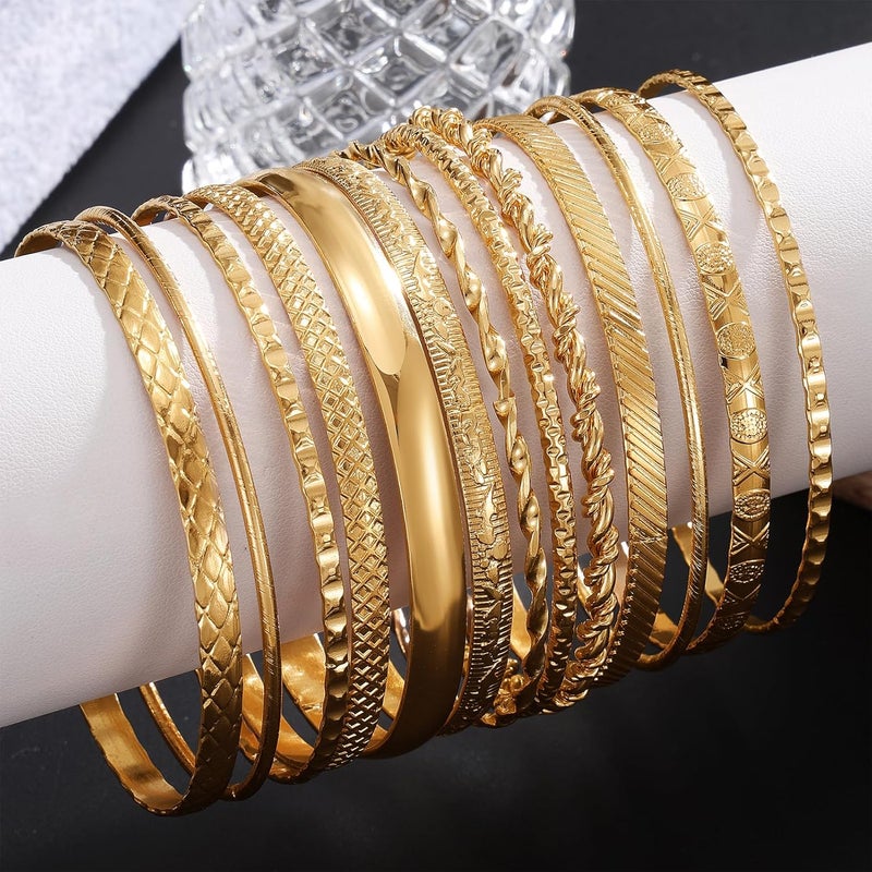 17IF Gold Bangle Bracelet For Women, 14k Multilayer Charm Textured Stackable Bracelets Boho Indian Chunky Cuff Fashion Jewelry Gift - Image 5